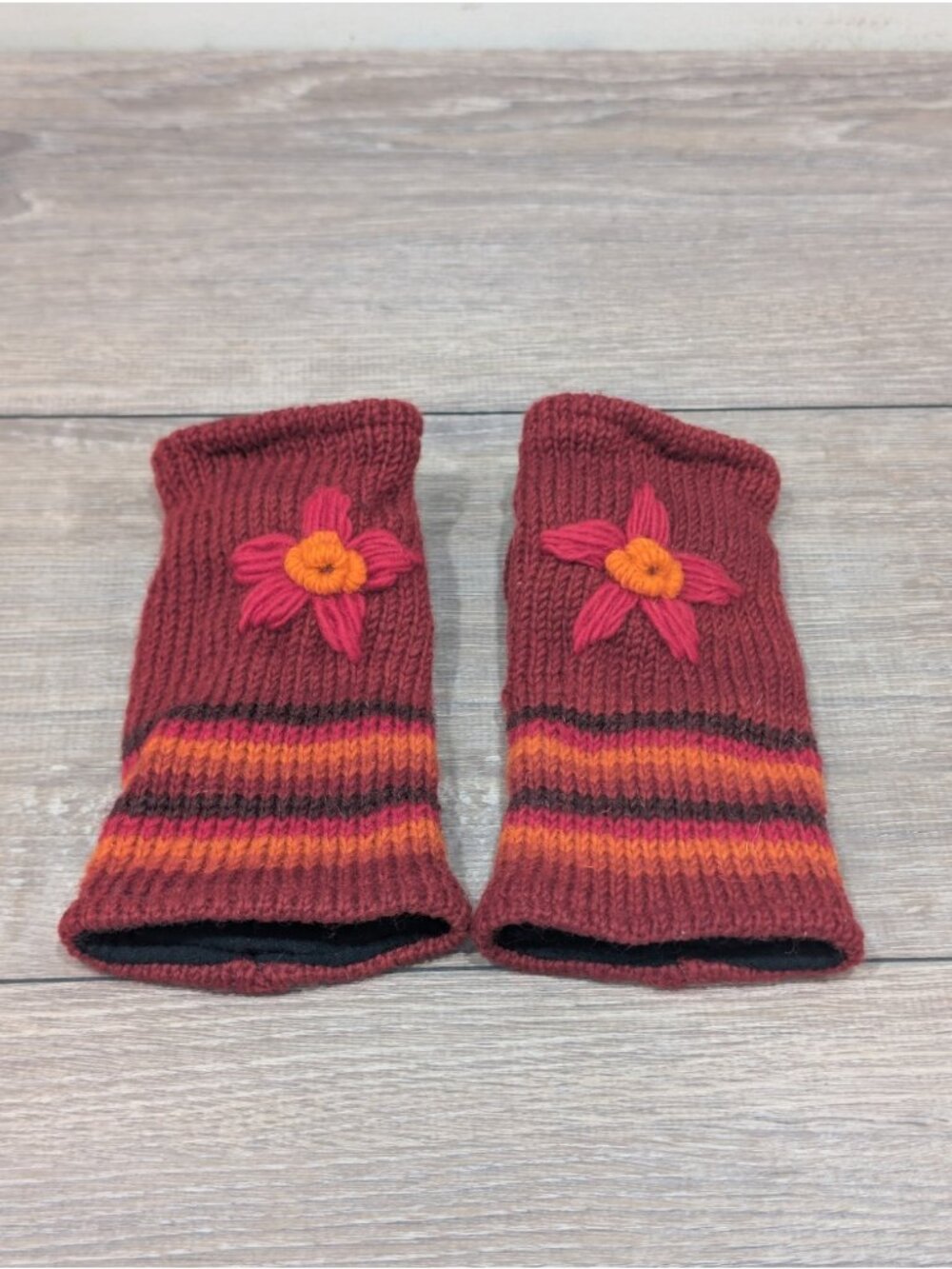 Gypsy Rose Hand Knitted Wool Fingerless Gloves Floral Fleece Lined Red Orange